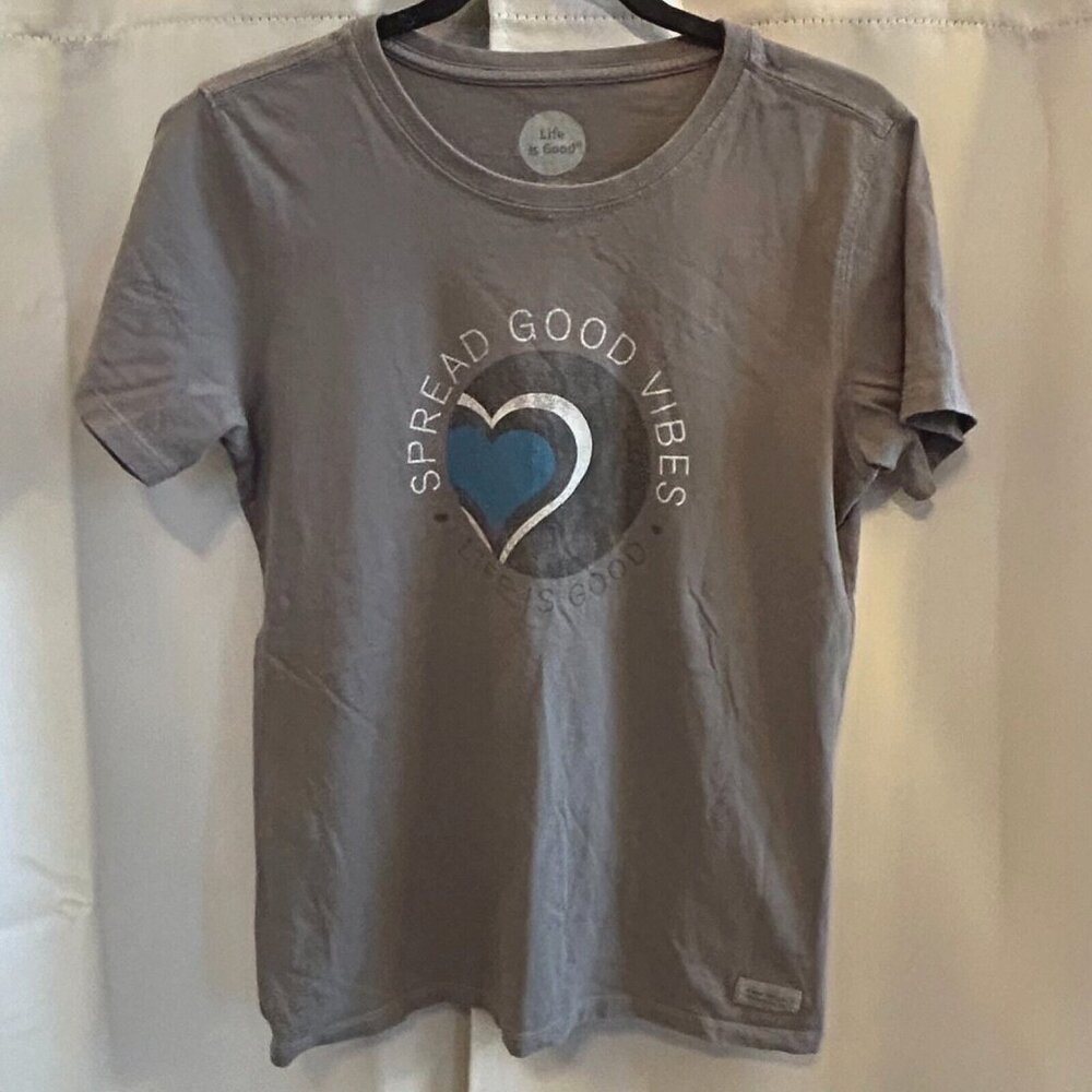 LIfe Is Good Top Womens Medium Spread Good Vibes Heart Hippie Crew Neck 17513‎